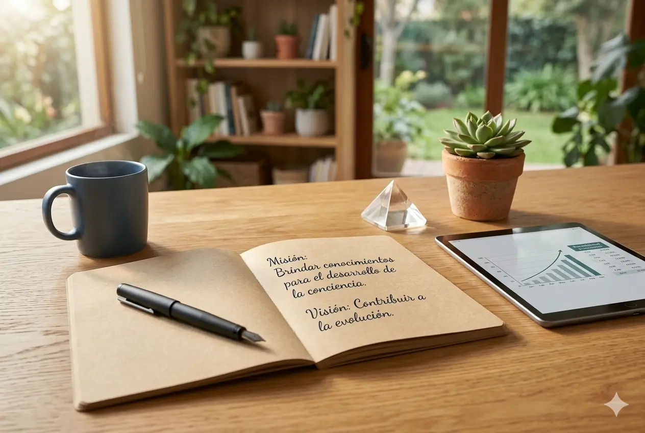 Administración Consciente | Fotografía realista de un escritorio de gestión equilibrada con cuarzo, suculenta y herramientas de trabajo.