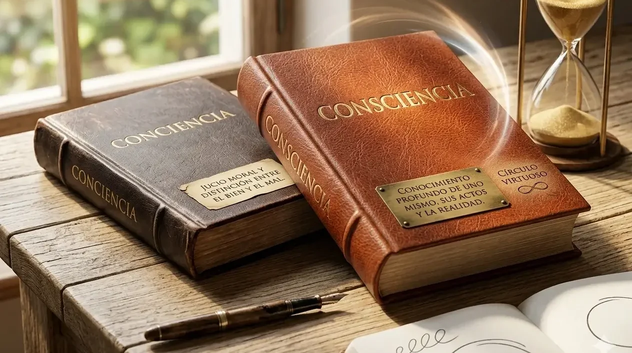 Administración Consciente | Fotografía realista de libros de conocimiento sobre la dualidad Conciencia (moral) y Consciencia (conocimiento profundo)