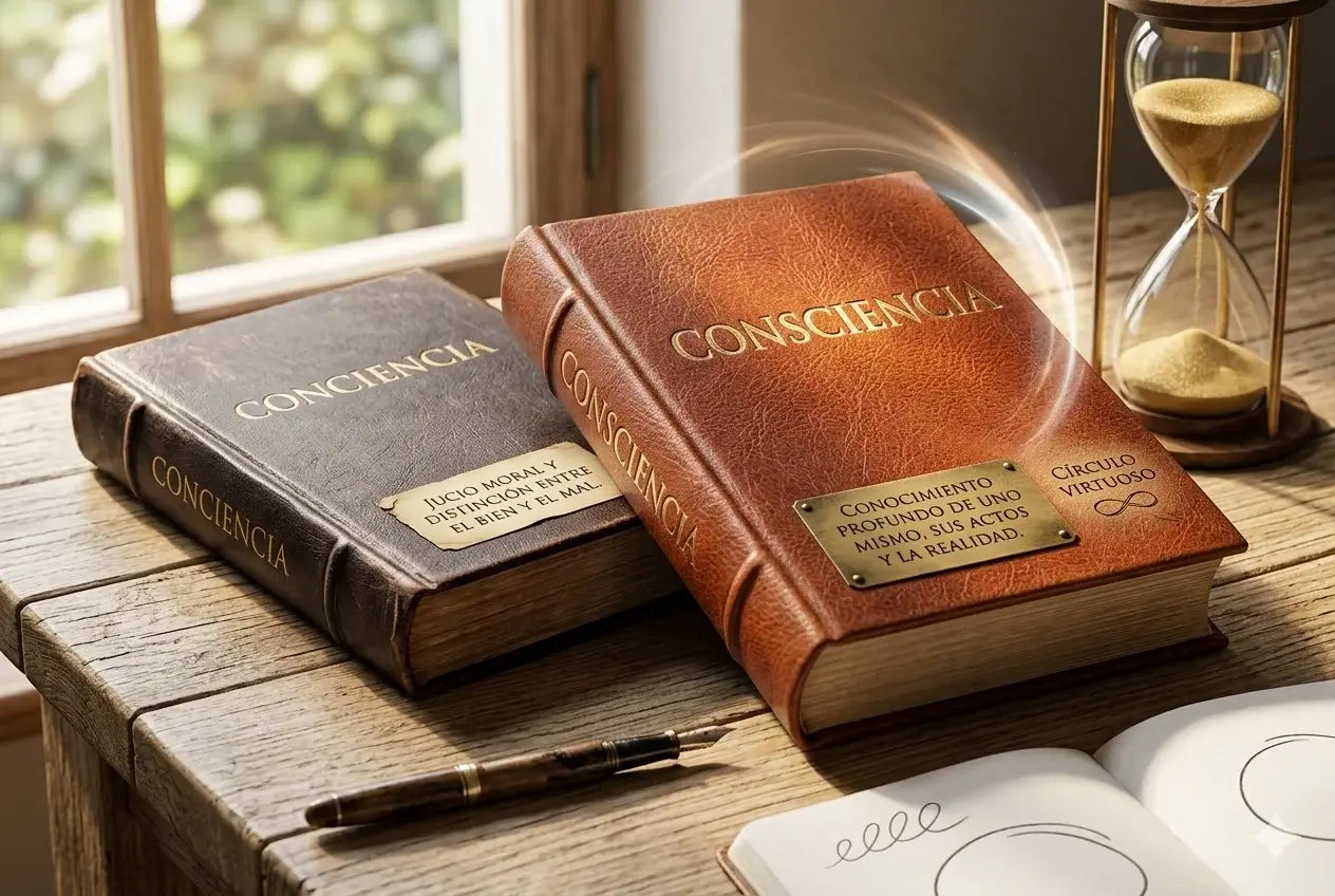 Administración Consciente | Fotografía realista de libros de conocimiento sobre la dualidad Conciencia (moral) y Consciencia (conocimiento profundo)